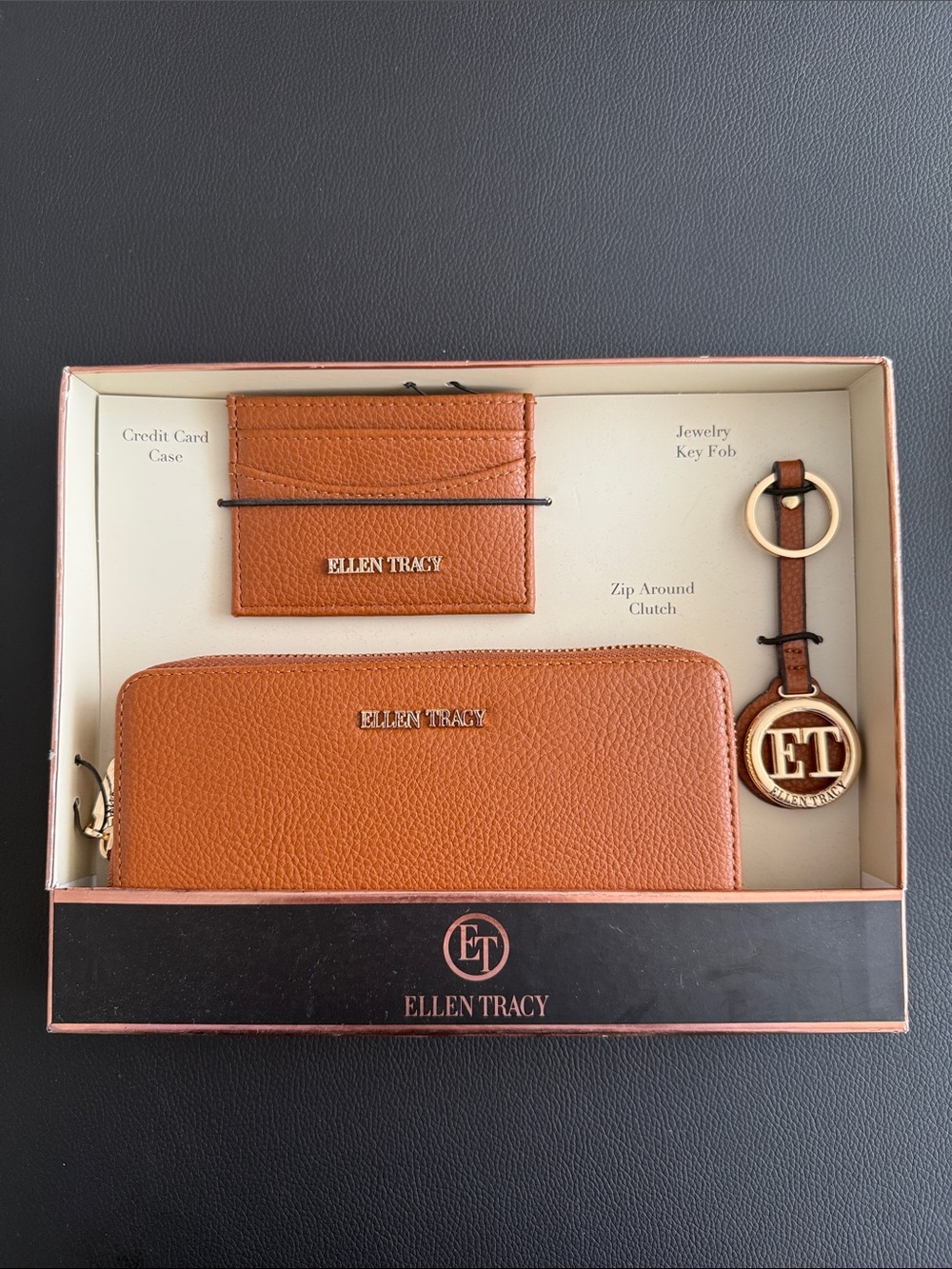 Ellen Tracy Cognac Leather Zip-Around Wallet Set with Card Case & Key Fob